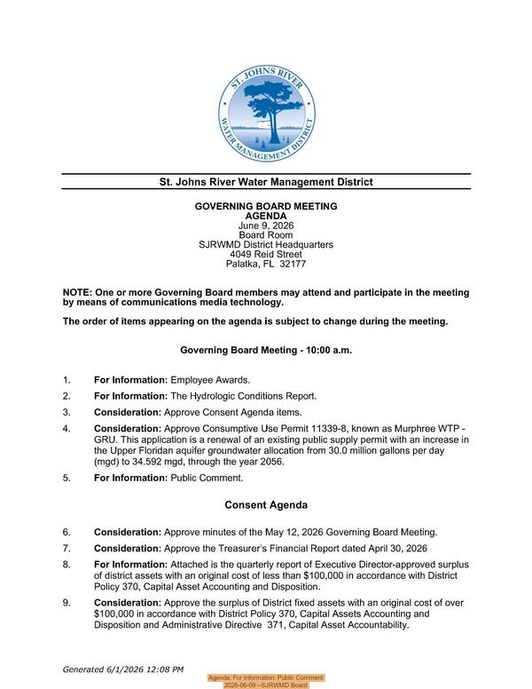 [Agenda: For Information: Public Comment, 2026-06-09 --SJRWMD Board]