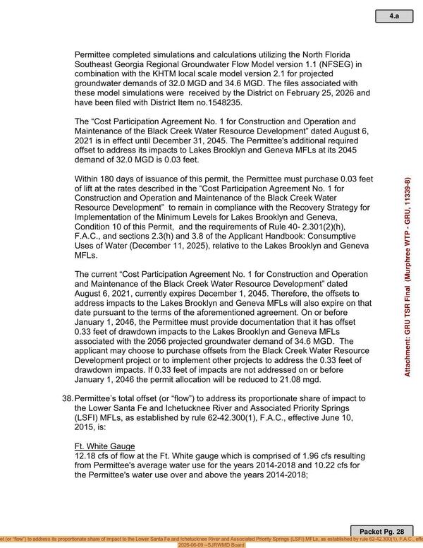 38.Permittee’s total offset (or “flow”) to address its proportionate share of impact to the Lower Santa Fe and Ichetucknee River and Associated Priority Springs (LSFI) MFLs, as established by rule 62-42.300(1), F.A.C., effective June 10, 2015, is:, 2026-06-09 --SJRWMD Board