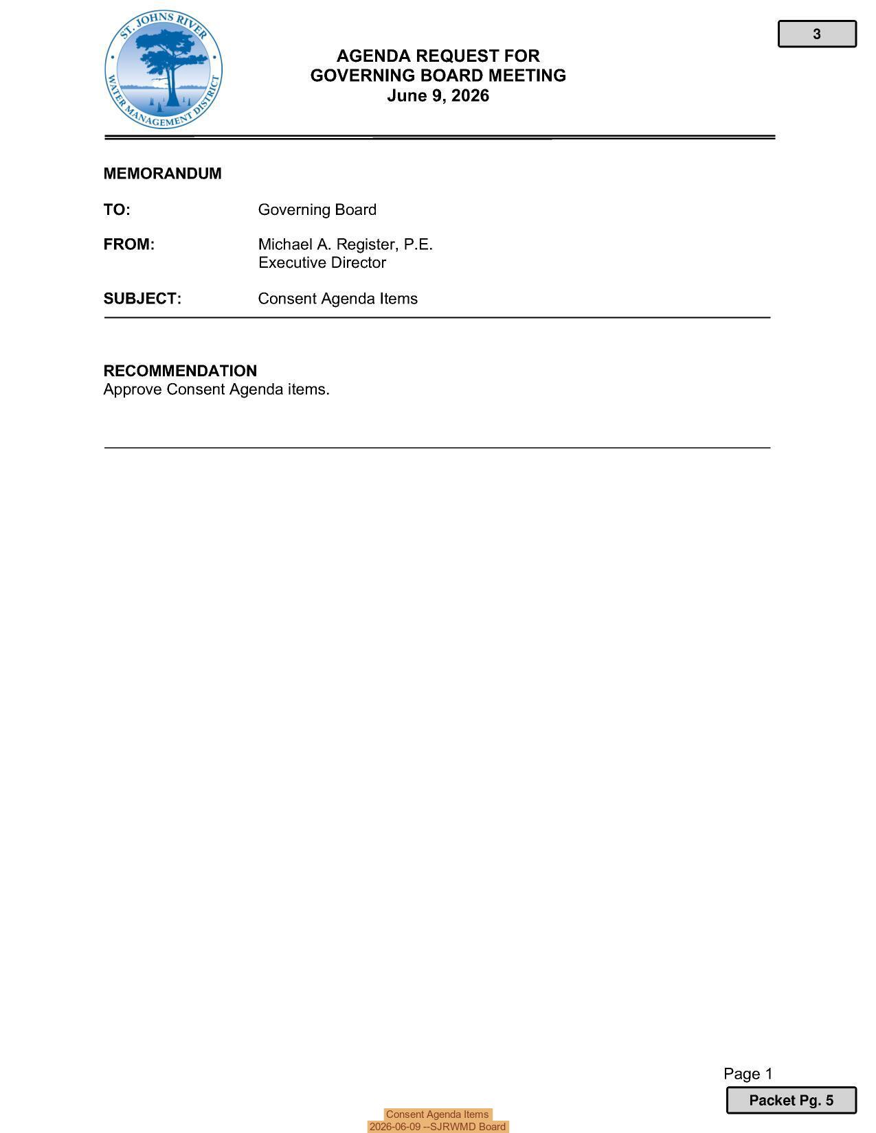 Consent Agenda Items, 2026-06-09 --SJRWMD Board