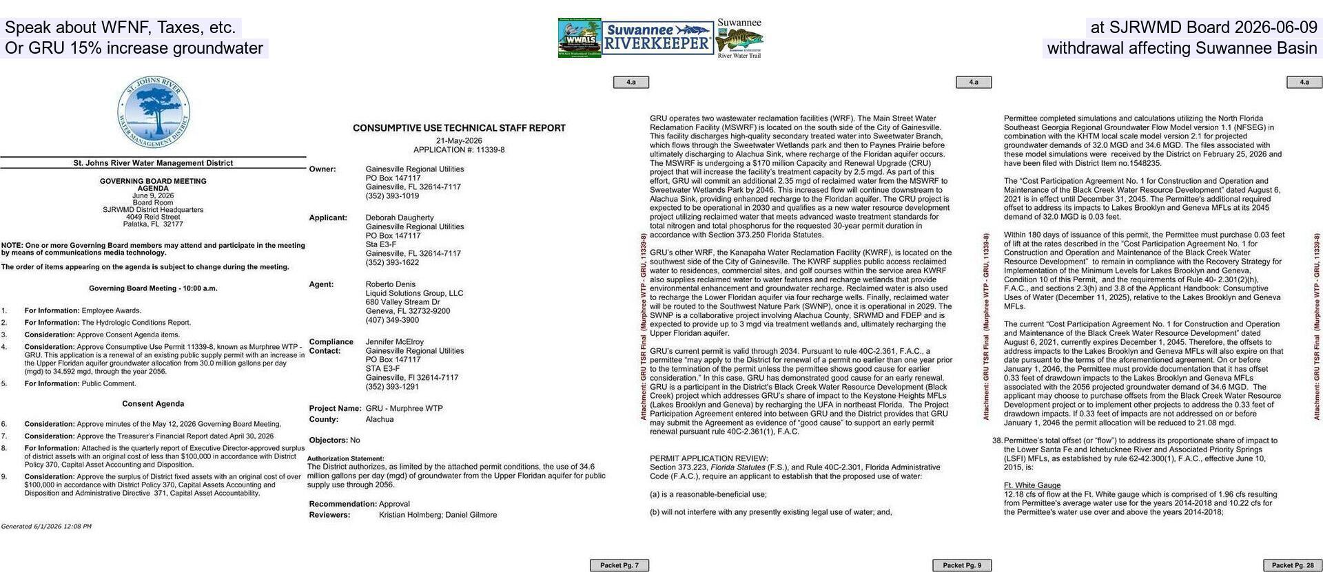Speak about WFNF, Taxes, etc., at SJRWMD Board 2026-06-09, Or GRU 15% increase groundwater withdrawal affecting Suwannee Basin