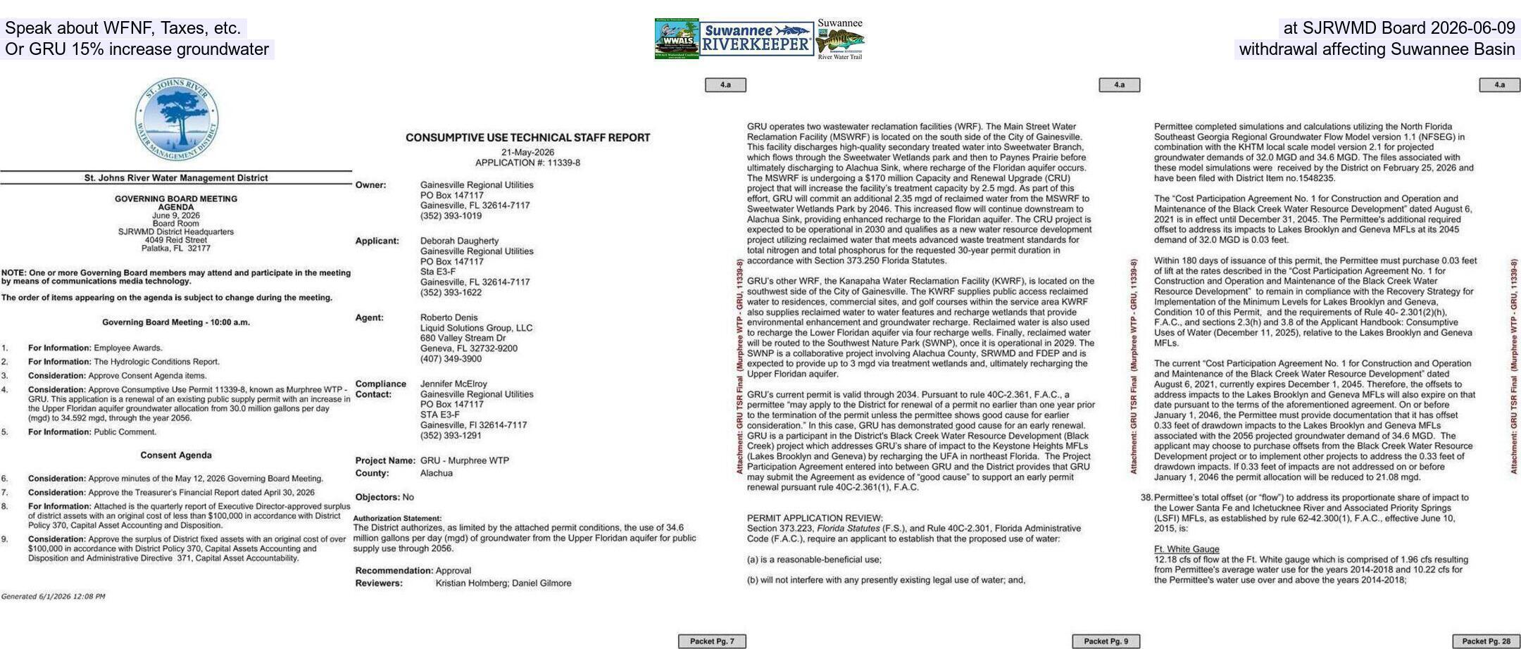 Speak about WFNF, Taxes, etc., at SJRWMD Board 2026-06-09, Or GRU 15% increase groundwater withdrawal affecting Suwannee Basin