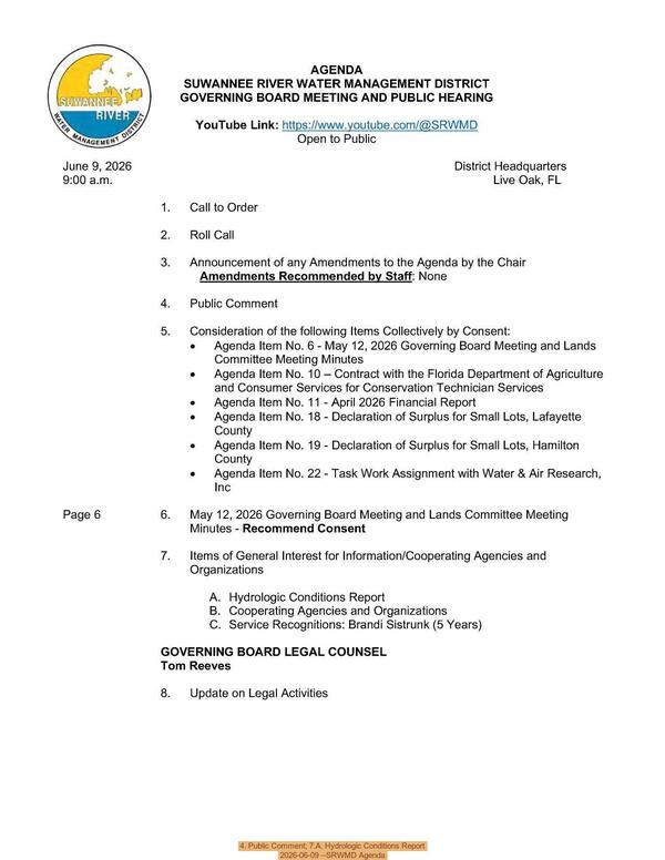 [4. Public Comment; 7.A. Hydrologic Conditions Report, 2026-06-09 --SRWMD Agenda]