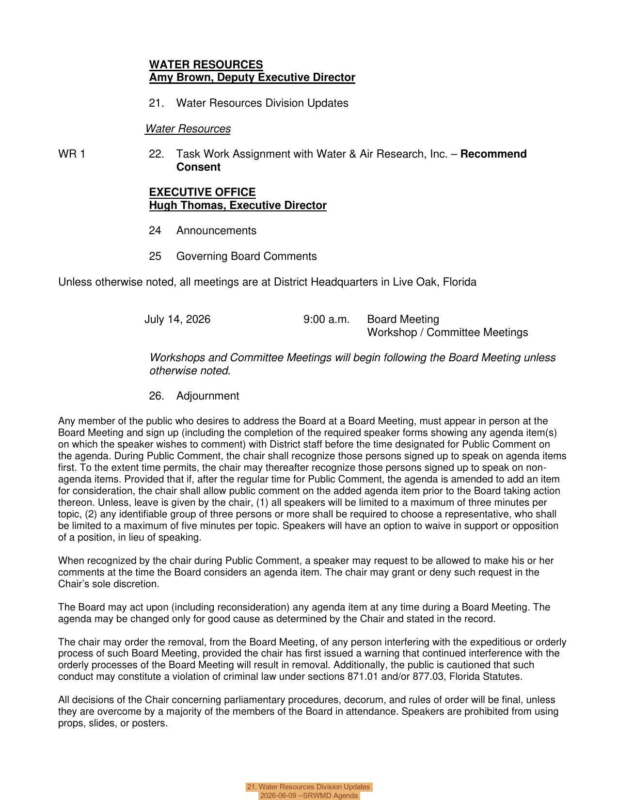 21. Water Resources Division Updates, 2026-06-09 --SRWMD Agenda