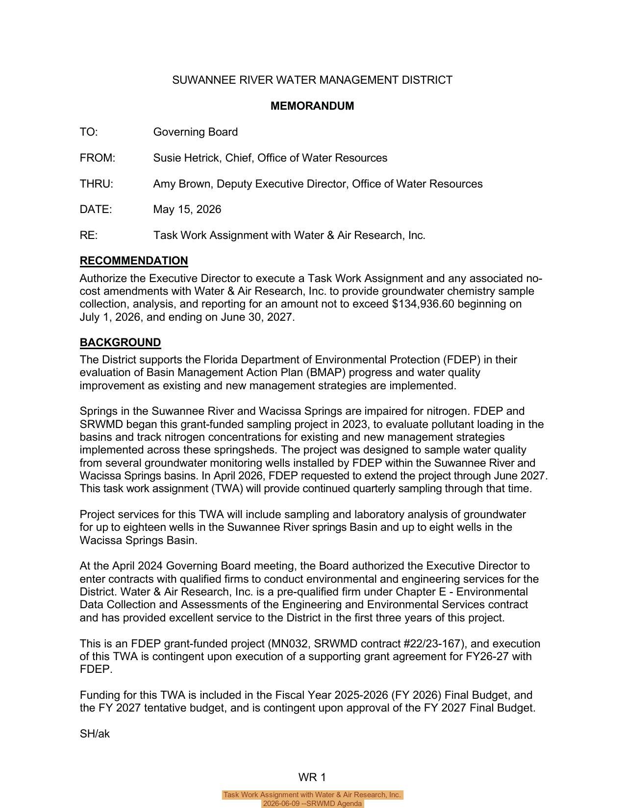 Task Work Assignment with Water & Air Research, Inc., 2026-06-09 --SRWMD Agenda