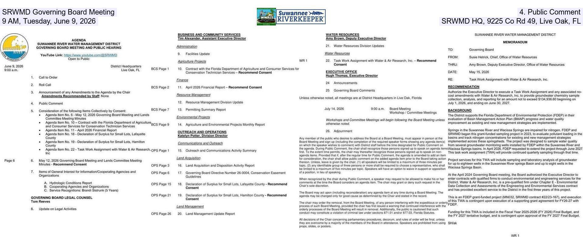 SRWMD Governing Board Meeting, 4. Public Comment, 9 AM, Tuesday, June 9, 2026, SRWMD HQ, 9225 Co Rd 49, Live Oak, FL