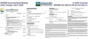 [SRWMD Governing Board Meeting, 4. Public Comment, 9 AM, Tuesday, June 9, 2026, SRWMD HQ, 9225 Co Rd 49, Live Oak, FL]
