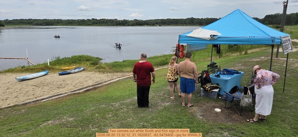 [Two canoes out while Scotti and Kim sign in more, 2026:06:20 13:32:12, 31.1620837, -83.5479400 --jsq for WWALS]