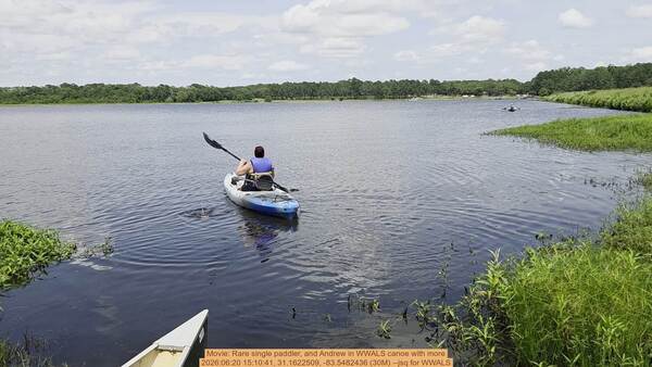 [Movie: Rare single paddler, and Andrew in WWALS canoe with more, 2026:06:20 15:10:41, 31.1622509, -83.5482436 (30M) --jsq for WWALS]