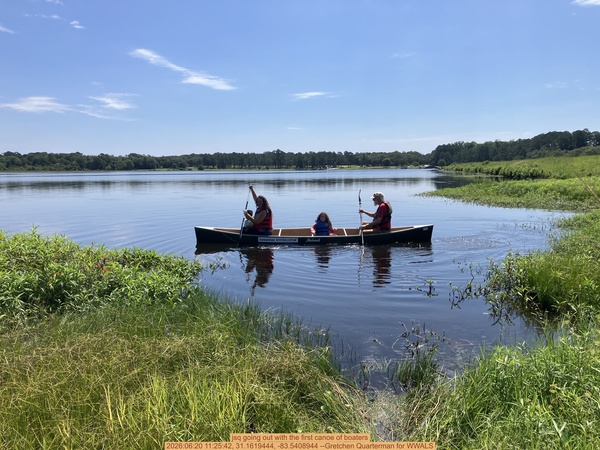 [jsq going out with the first canoe of boaters, 2026:06:20 11:25:42, 31.1619444, -83.5408944 --Gretchen Quarterman for WWALS]