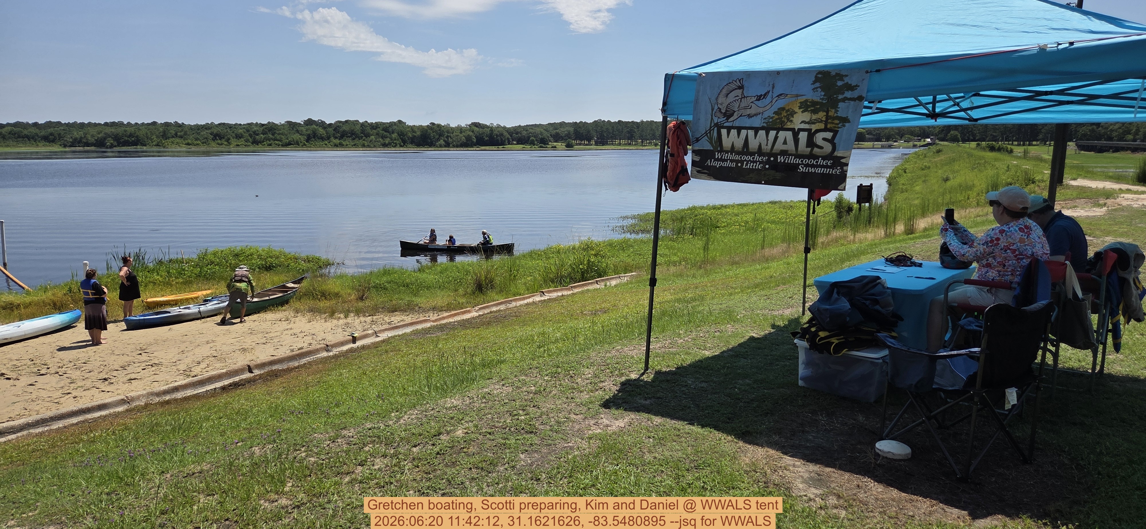 Gretchen boating, Scotti preparing, Kim and Daniel @ WWALS tent, 2026:06:20 11:42:12, 31.1621626, -83.5480895 --jsq for WWALS
