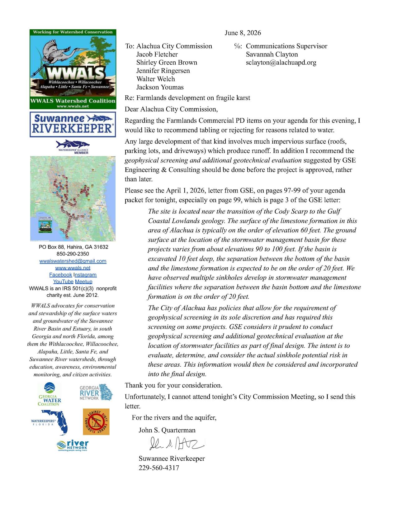 To Alachua City about Farmlands rezoning, 2026-06-08 --WWALS