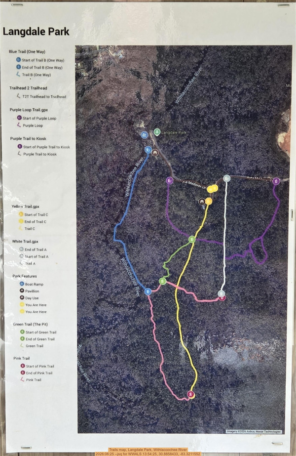 Trails map, Langdale Park, Withlacoochee River, 2026:06:25 --jsq for WWALS 13:54:25, 30.8858433, -83.3211552