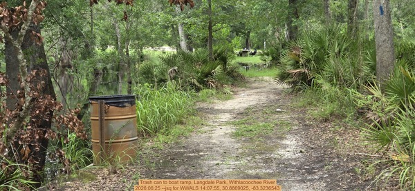 Trash can to boat ramp, Langdale Park, Withlacoochee River, 2026:06:25 --jsq for WWALS 14:07:55, 30.8869025, -83.3236543