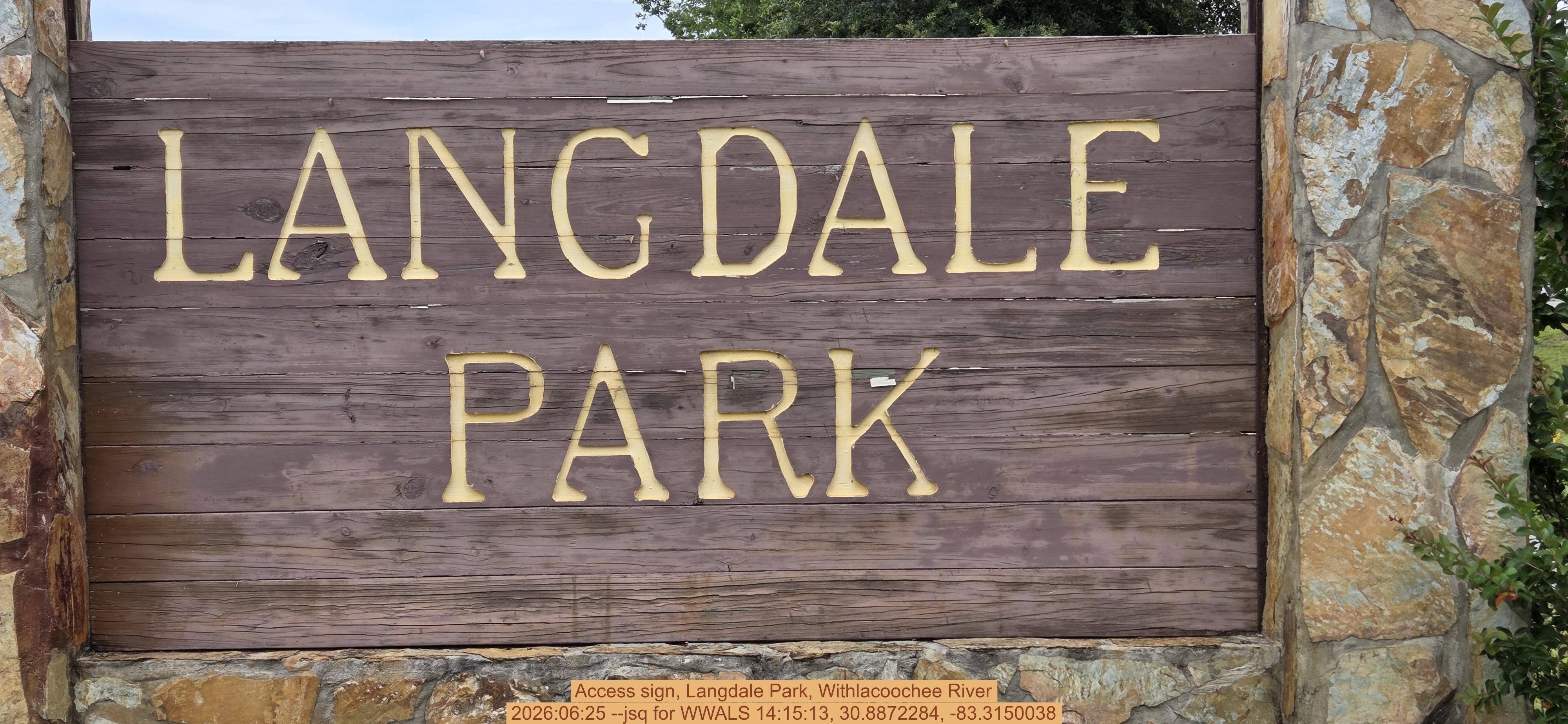 Access sign, Langdale Park, Withlacoochee River, 2026:06:25 --jsq for WWALS 14:15:13, 30.8872284, -83.3150038