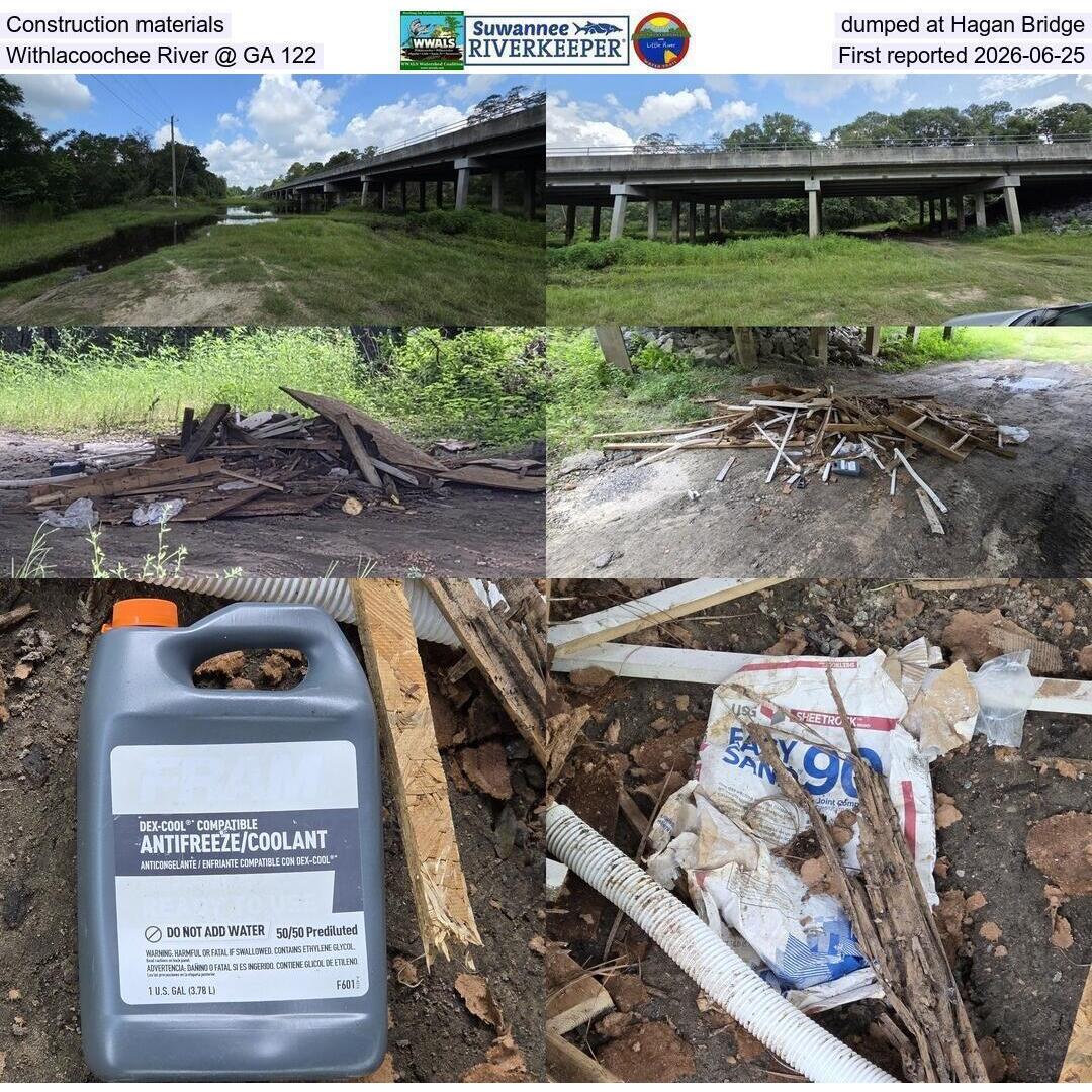 Construction materials dumped at Hagan Bridge, Withlacoochee River @ GA 122, First reported 2026-06-25