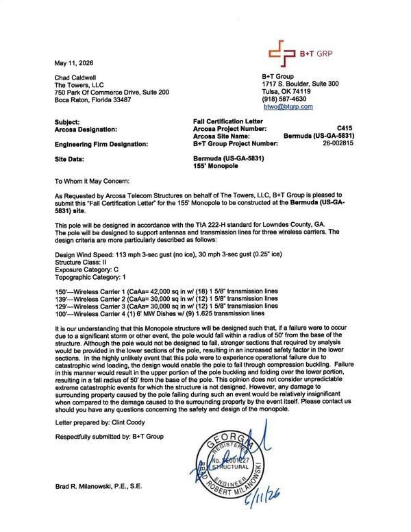 B+T Group is pleased to submit this Fall Certification Letter for the 155&lsquo; Monopole to be constructed at the Bermuda (US-GA 5831) site.
