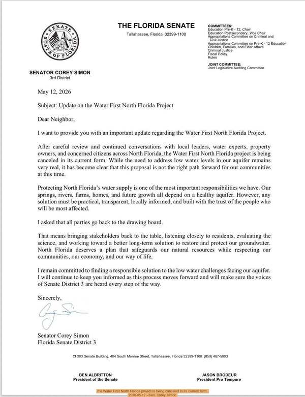 [the Water First North Florida project is being canceled in its current form. 2026-05-12 --Sen. Corey Simon]