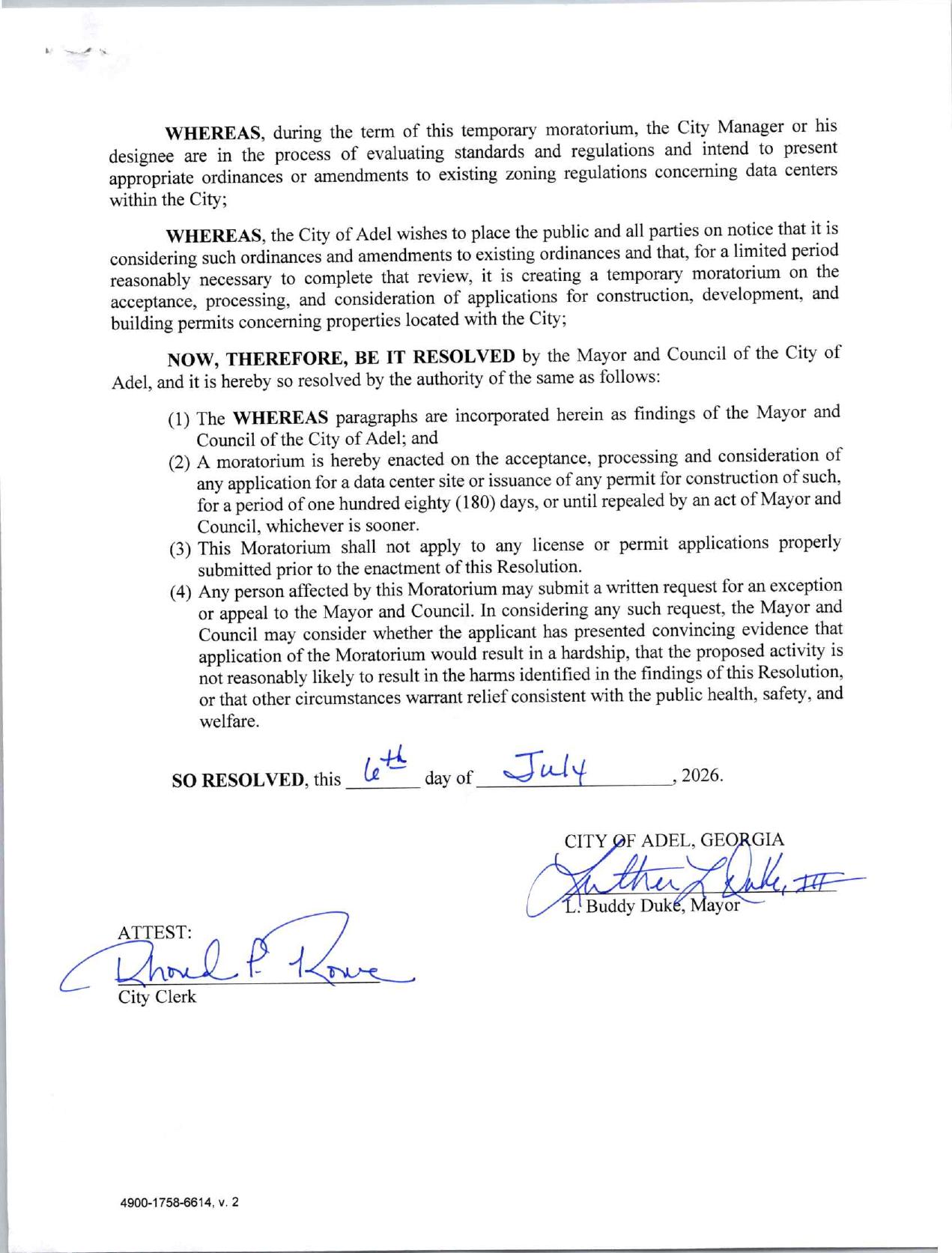 (2) A moratorium is hereby enacted on the acceptance, processing and consideration of any application for a data center site or issuance of any permit for construction of such, for a period of one hundred eighty (180) days, or until repealed by an act of Mayor and Council, whichever is sooner.
