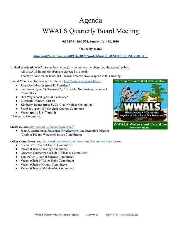[Board, Staff, and Committees, 2026-07-12 --WWALS Quarterly Board Meeting Agenda]