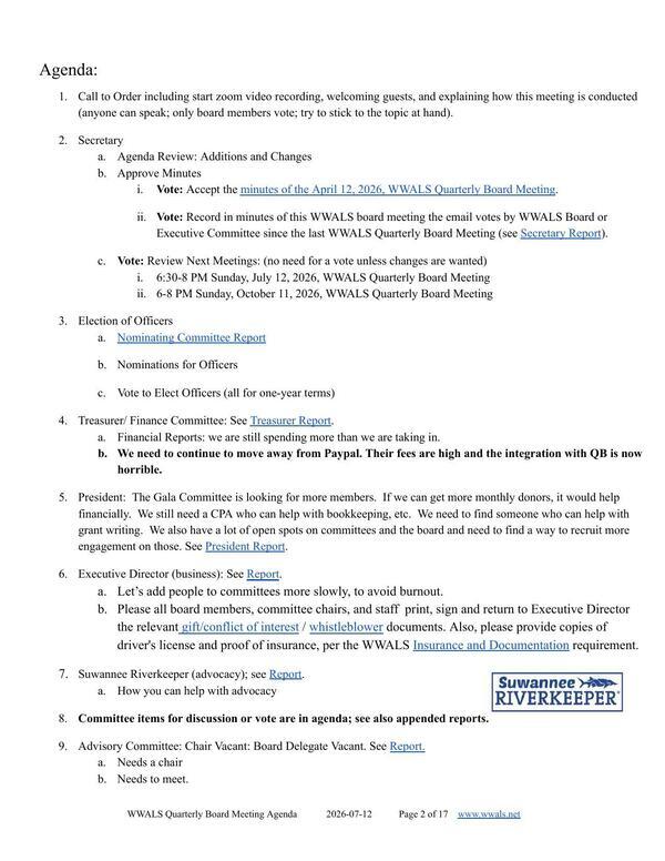 Election of Officers & Officer and Staff reports, 2026-07-12 --WWALS Quarterly Board Meeting Agenda