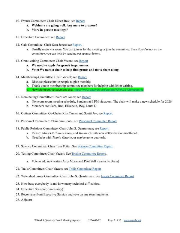 Committee reports, 2026-07-12 --WWALS Quarterly Board Meeting Agenda