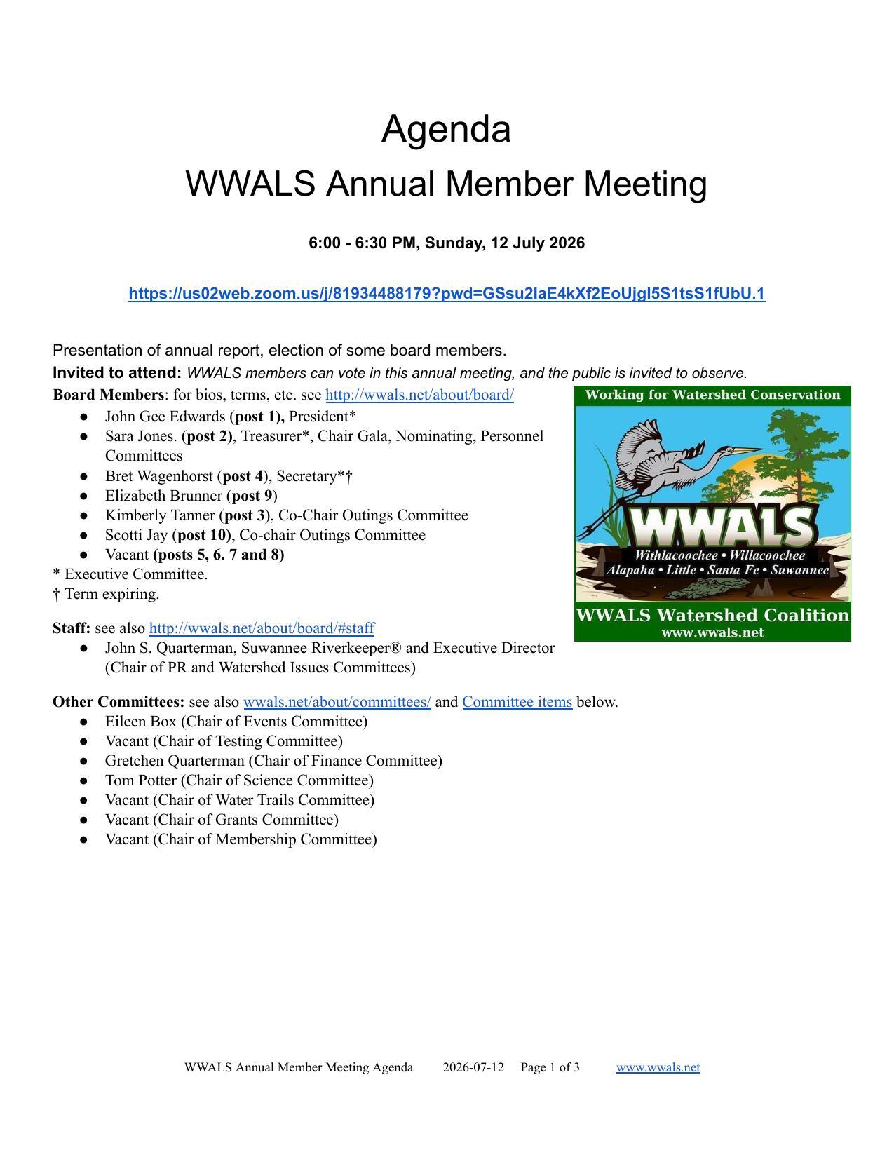 Board, Staff, and Committees, 2026-07-12 --WWALS Annual Member Meeting Agenda