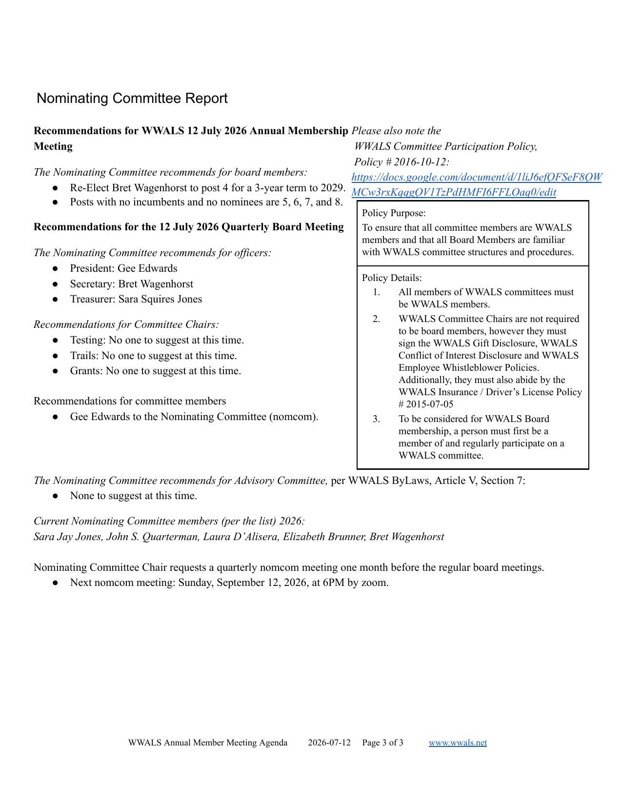 Nominating Committee Report, 2026-07-12 --WWALS Annual Member Meeting Agenda