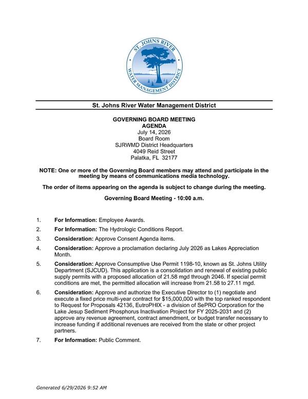 [2. The Hydrologic Conditions Report.; 5. Consideration: Approve Consumptive Use Permit 1198-10, known as St. Johns Utility Department (SJCUD). ...if special conditions are met, the permitted allocation will increase from 21.58 to 27.11 mgd.; 7. Public Comment.]