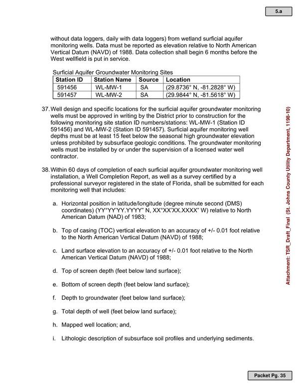 36. Groundwater level data must be collected for each of the surficial aquifer groundwater monitoring sites listed in the following table and submitted electronically every six months to the District utilizing the Water Level Data-Wetland Monitoring Template.