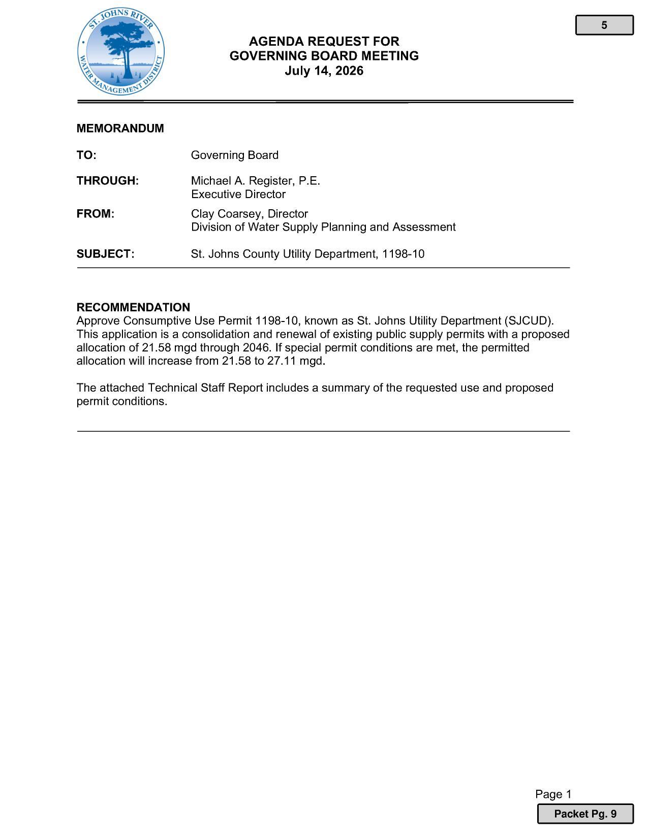 CUP 1198-10, SJCUD. If special permit conditions are met, the permitted allocation will increase from 21.58 to 27.11 mgd.