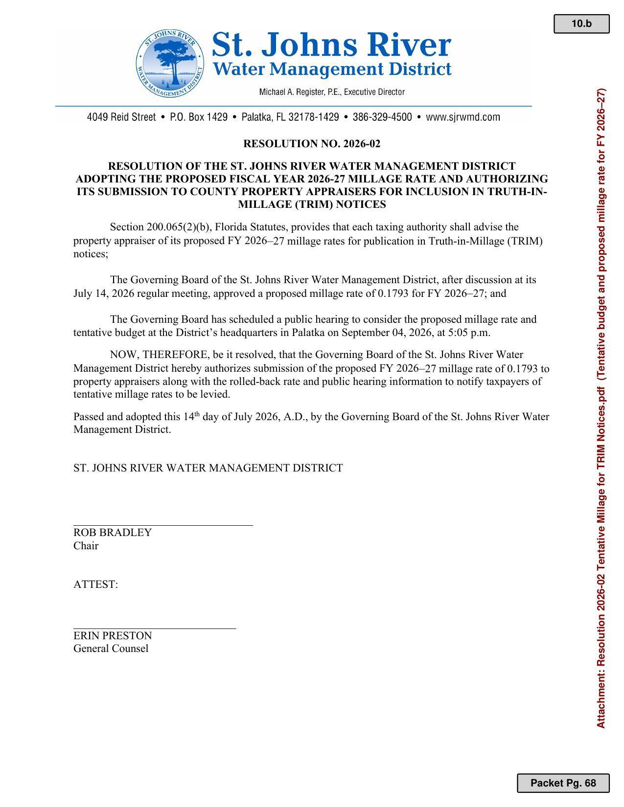 RESOLUTION NO. 2026-02 RESOLUTION OF THE ST. JOHNS RIVER WATER MANAGEMENT DISTRICT ADOPTING THE PROPOSED FISCAL YEAR 2026-27 MILLAGE RATE AND AUTHORIZING ITS SUBMISSION TO COUNTY PROPERTY APPRAISERS FOR INCLUSION IN TRUTH-IN-MILLAGE (TRIM) NOTICES