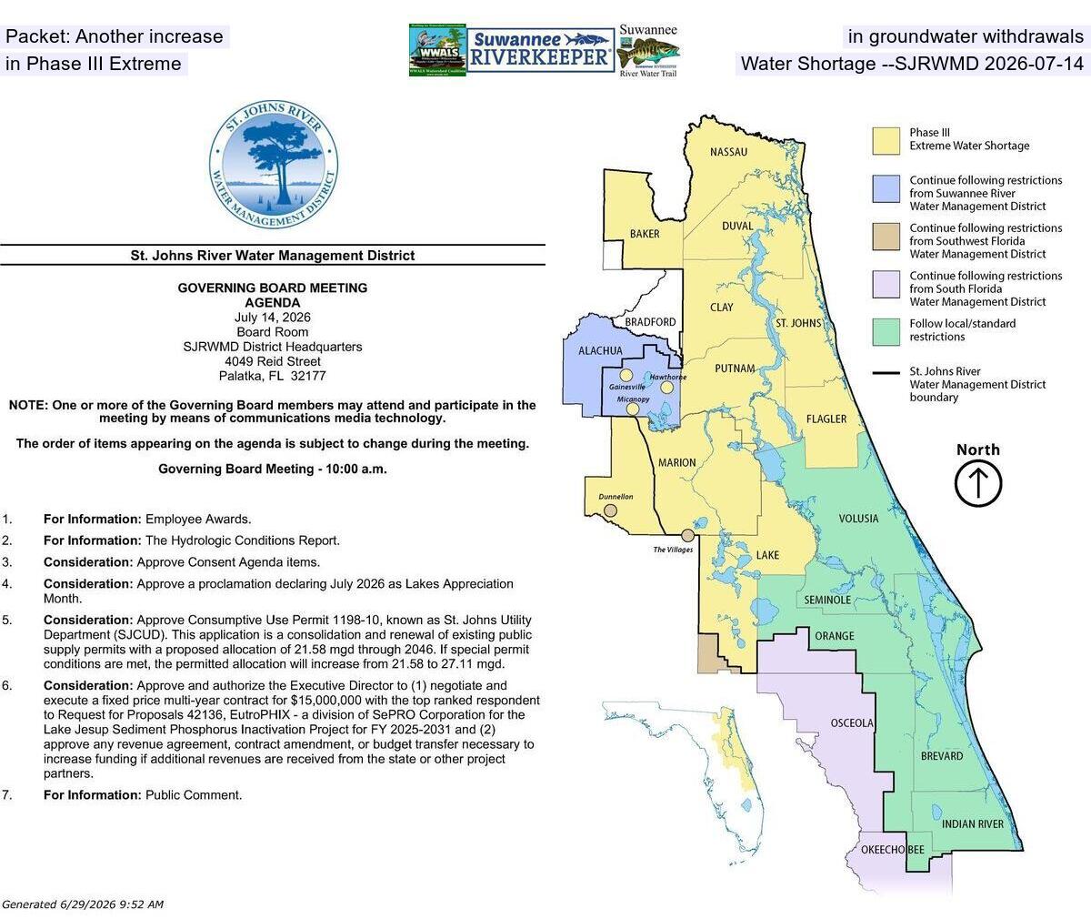Packet: Another increase in groundwater withdrawals in Phase III Extreme Water Shortage --SJRWMD 2026-07-14
