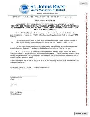 [RESOLUTION NO. 2026-02 RESOLUTION OF THE ST. JOHNS RIVER WATER MANAGEMENT DISTRICT ADOPTING THE PROPOSED FISCAL YEAR 2026-27 MILLAGE RATE AND AUTHORIZING ITS SUBMISSION TO COUNTY PROPERTY APPRAISERS FOR INCLUSION IN TRUTH-IN-MILLAGE (TRIM) NOTICES]