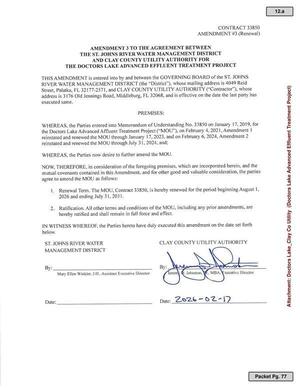 [AMENDMENT 3 TO THE AGREEMENT BETWEEN THE ST. JOHNS RIVER WATER MANAGEMENT DISTRICT AND CLAY COUNTY UTILITY AUTHORITY FOR THE DOCTORS LAKE ADVANCED EFFLUENT TREATMENT PROJECT]