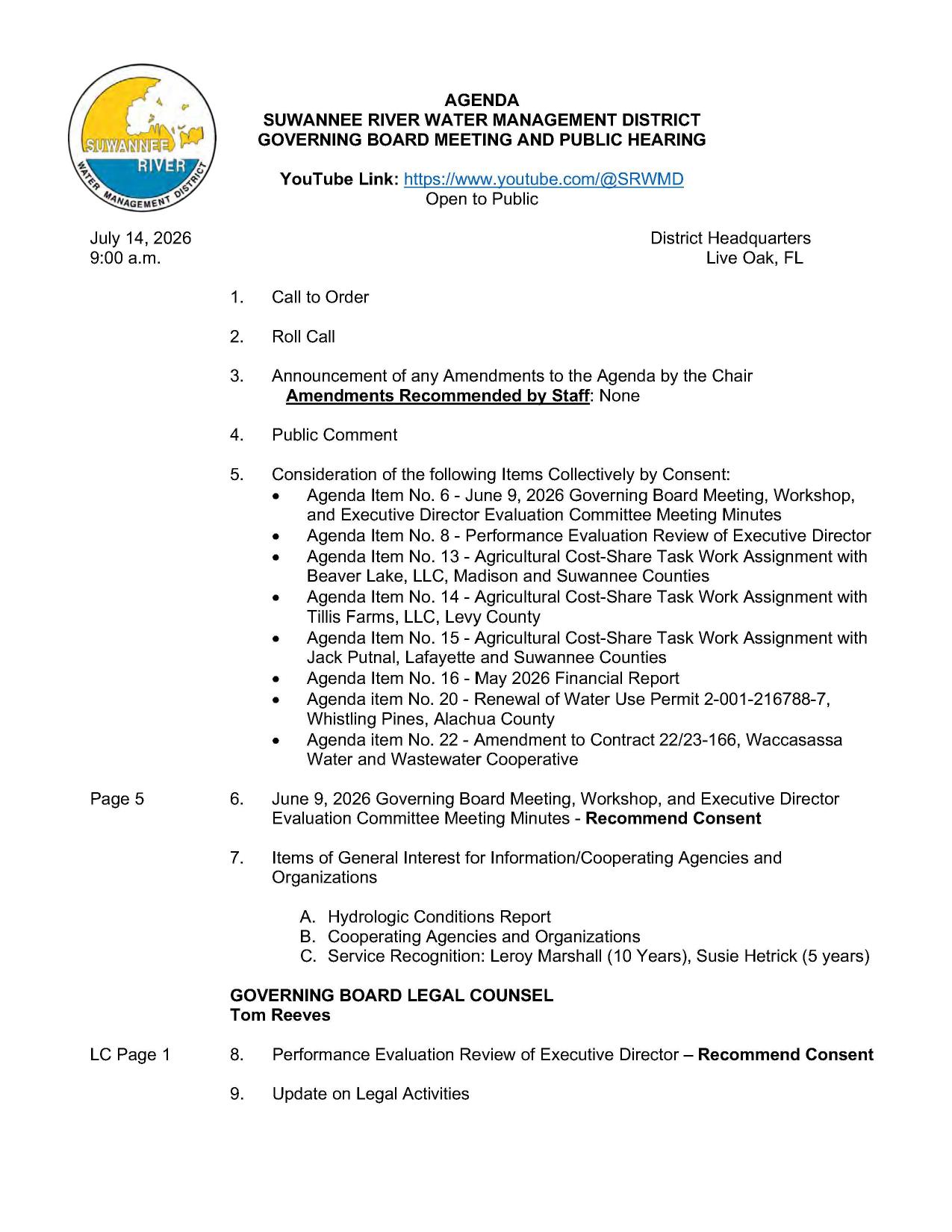 Agenda: 4. Public Comment, 7.A. Hydrologic Conditions Report, 2026-07-14 --SRWMD Board