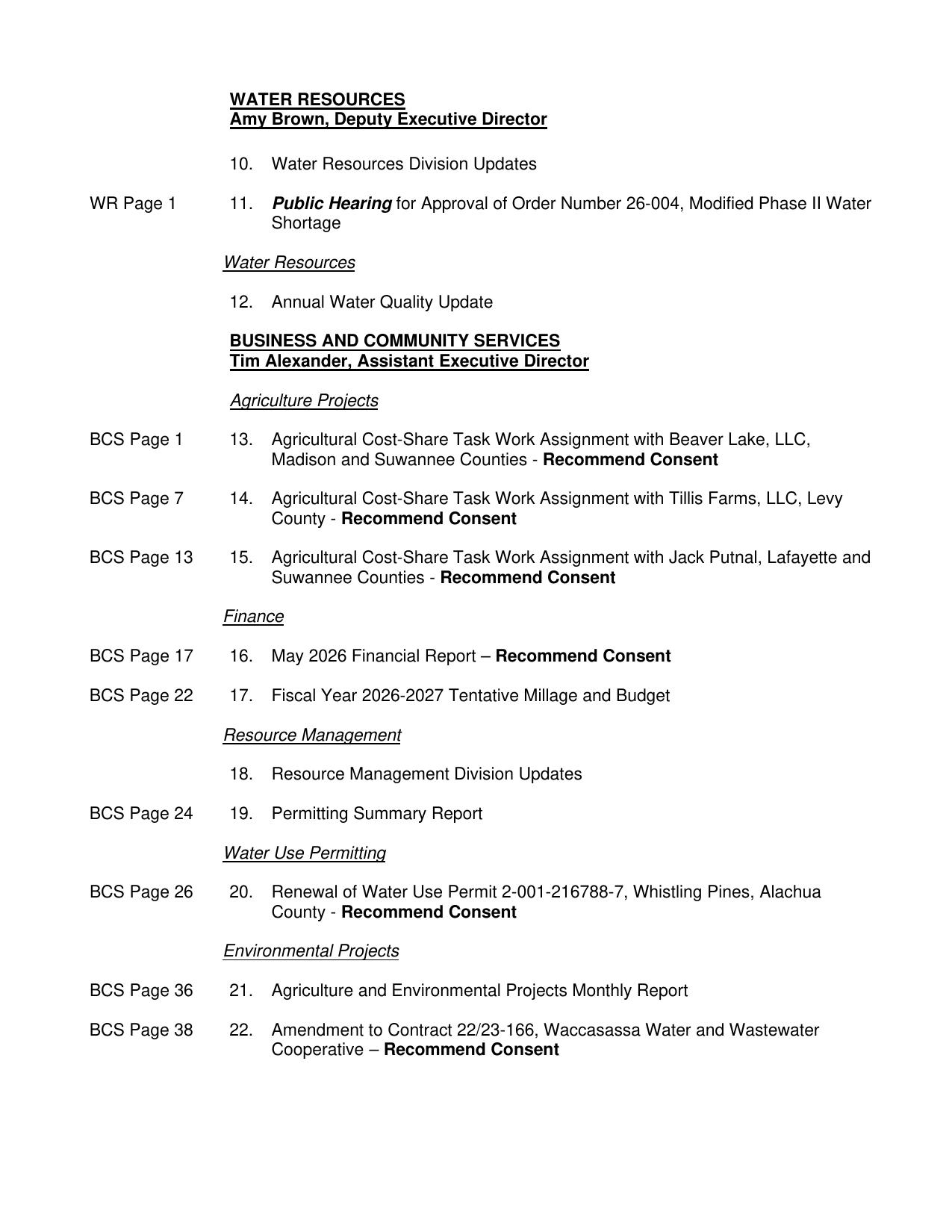 11. Public Hearing for Approval of Order Number 26-004, Modified Phase II Water Shortage, 2026-07-14 --SRWMD Board