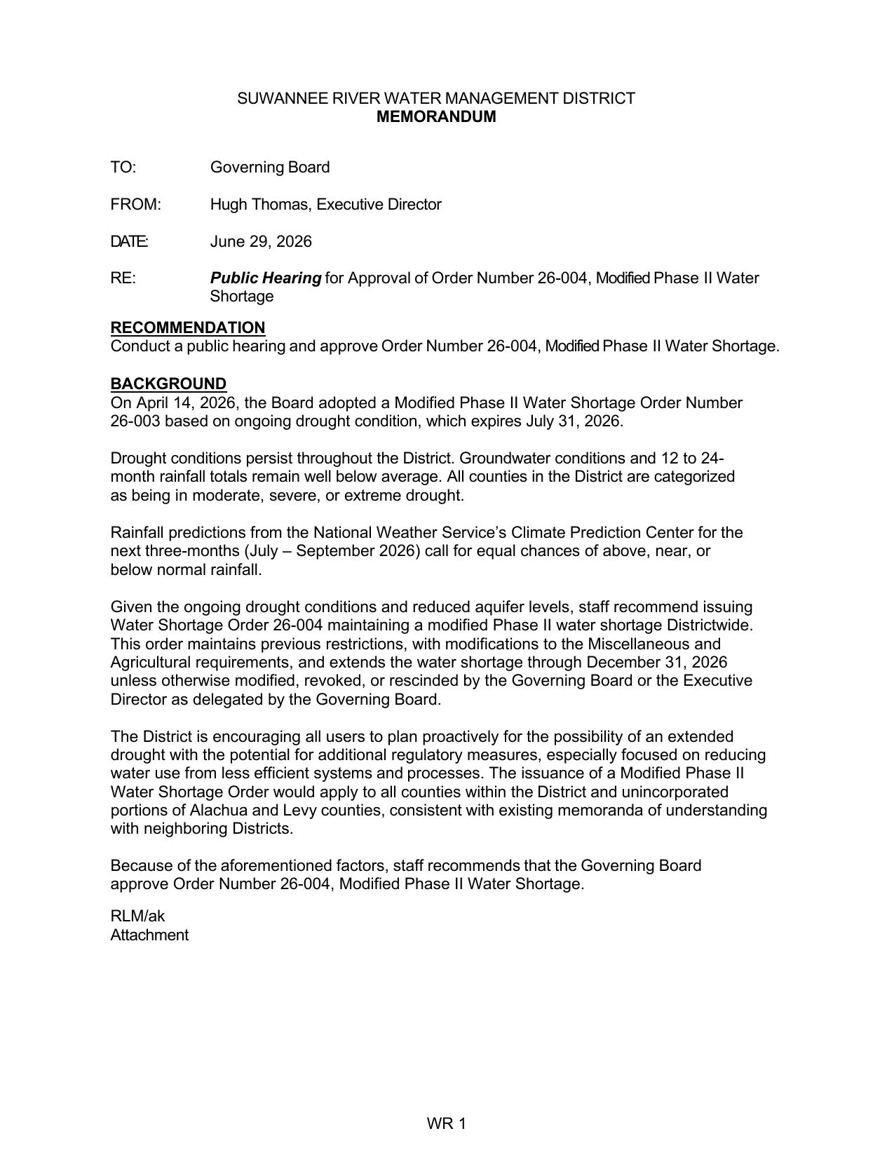 Public Hearing for Approval of Order Number 26-004, Modified Phase II Water Shortage, 2026-07-14 --SRWMD Board