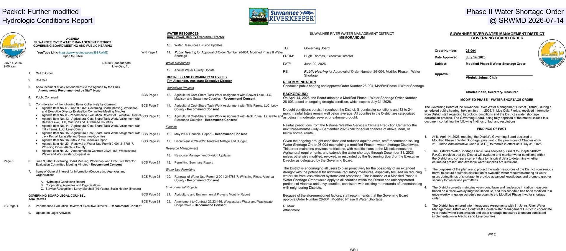 Packet: Further modified Phase II Water Shortage Order, Hydrologic Conditions Report @ SRWMD 2026-07-14