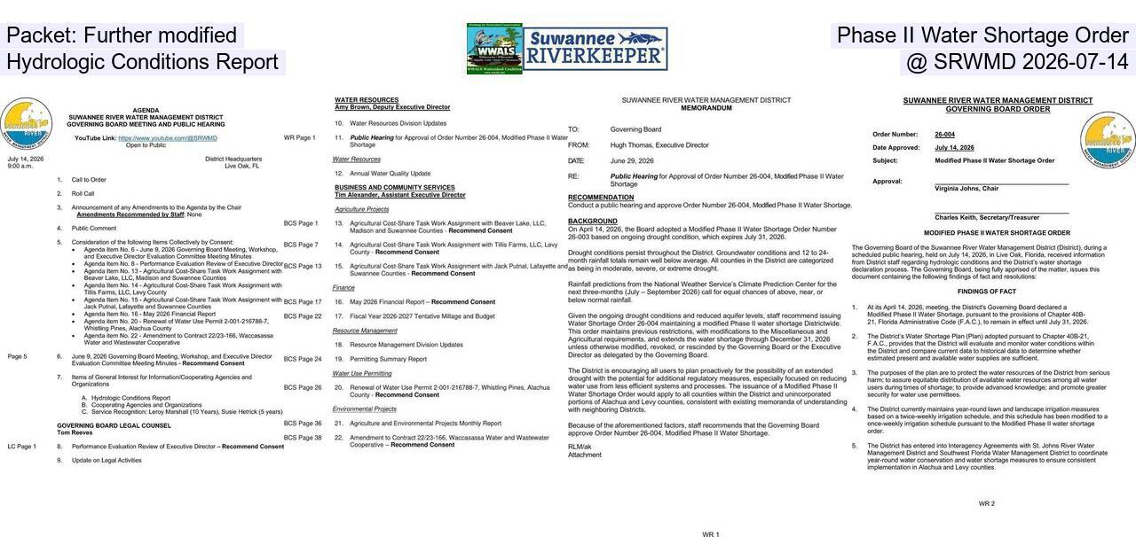 Packet: Further modified Phase II Water Shortage Order, Hydrologic Conditions Report @ SRWMD 2026-07-14