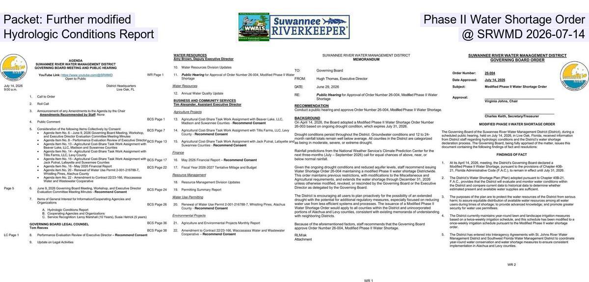 Packet: Further modified Phase II Water Shortage Order, Hydrologic Conditions Report @ SRWMD 2026-07-14