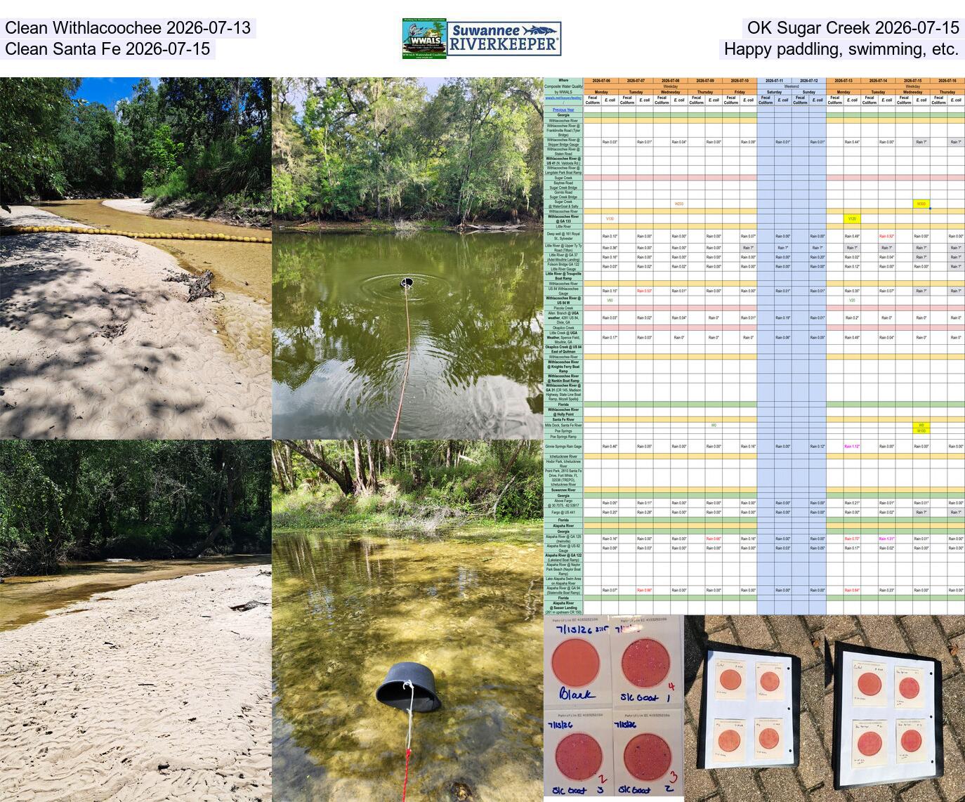 [Clean Withlacoochee 2026-07-13, OK Sugar Creek 2026-07-15, Clean Santa Fe 2026-07-15, Happy paddling, swimming, etc.]