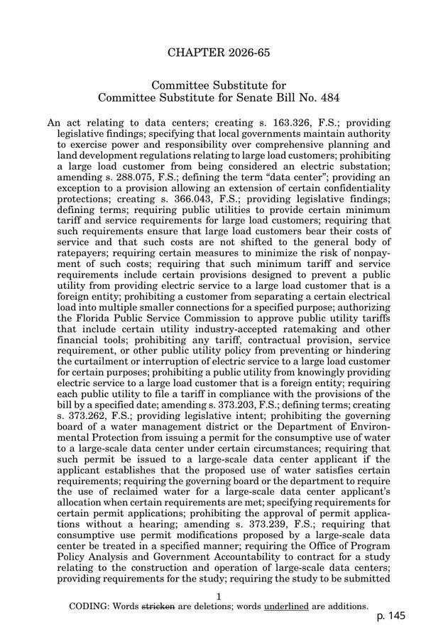 [Committee Substitute for Senate Bill No. 484: An act relating to data centers; creating s. 163.326, F.S.; providing....]