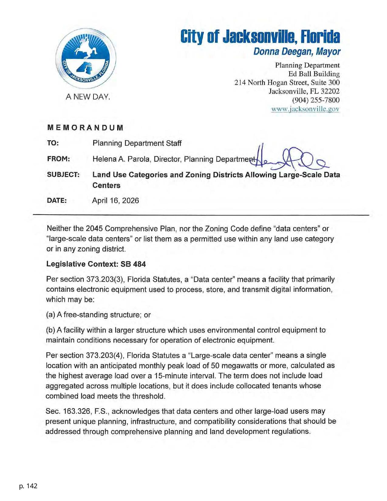 Land Use Categories and Zoning Districts Allowing Large-Scale Data Centers, 2026-04-16 --City of Jacksonville Planning Department