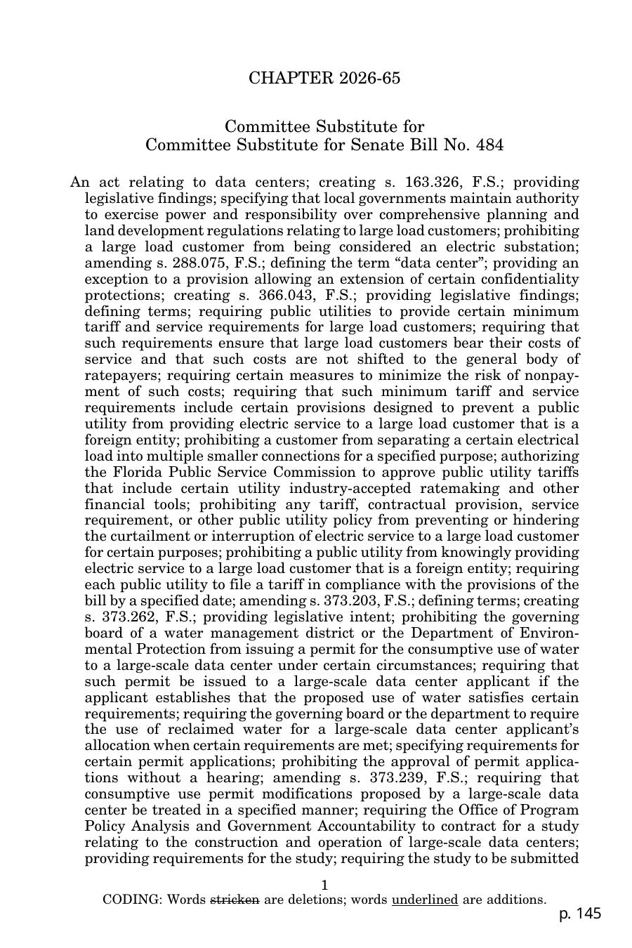 Committee Substitute for Senate Bill No. 484: An act relating to data centers; creating s. 163.326, F.S.; providing....
