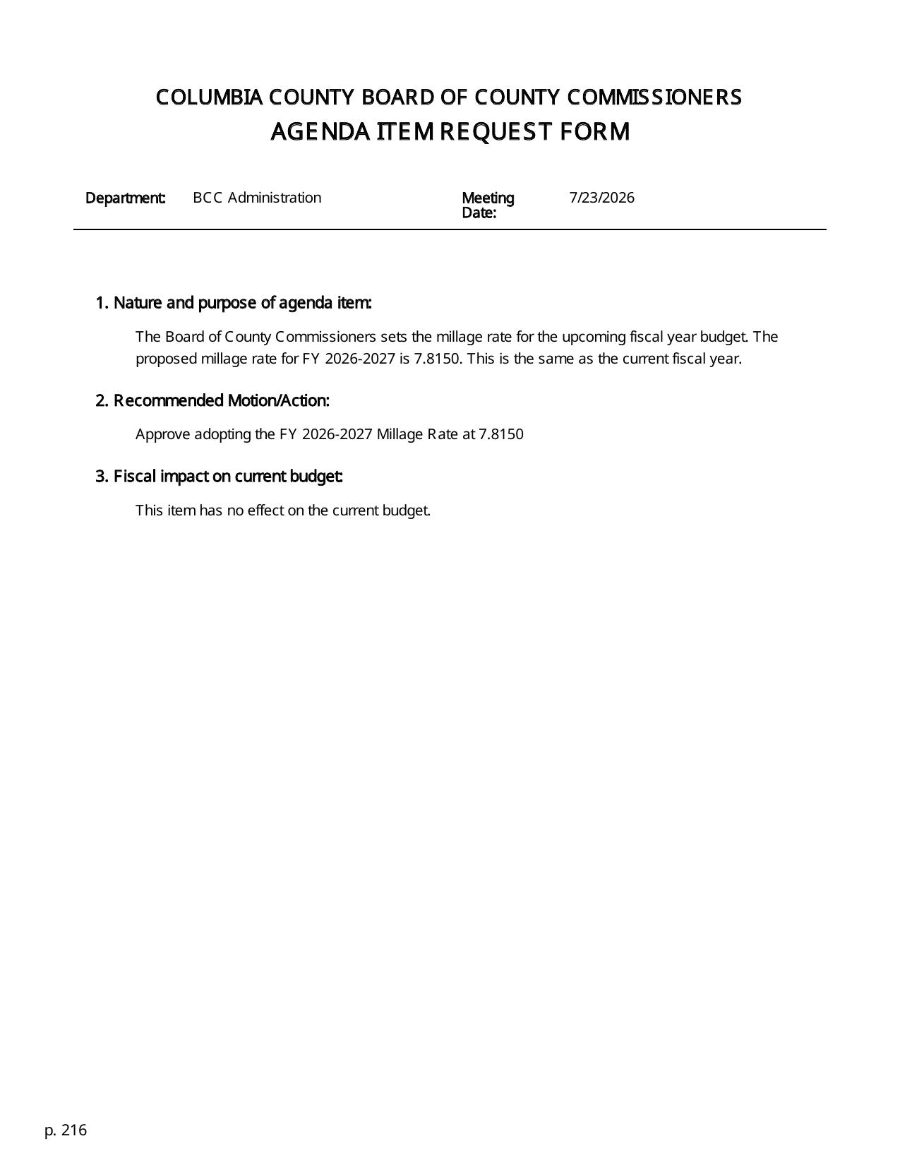 AGENDA ITEM REQUEST FORM: Approve adopting the FY 2026-2027 Millage Rate at 7.8150