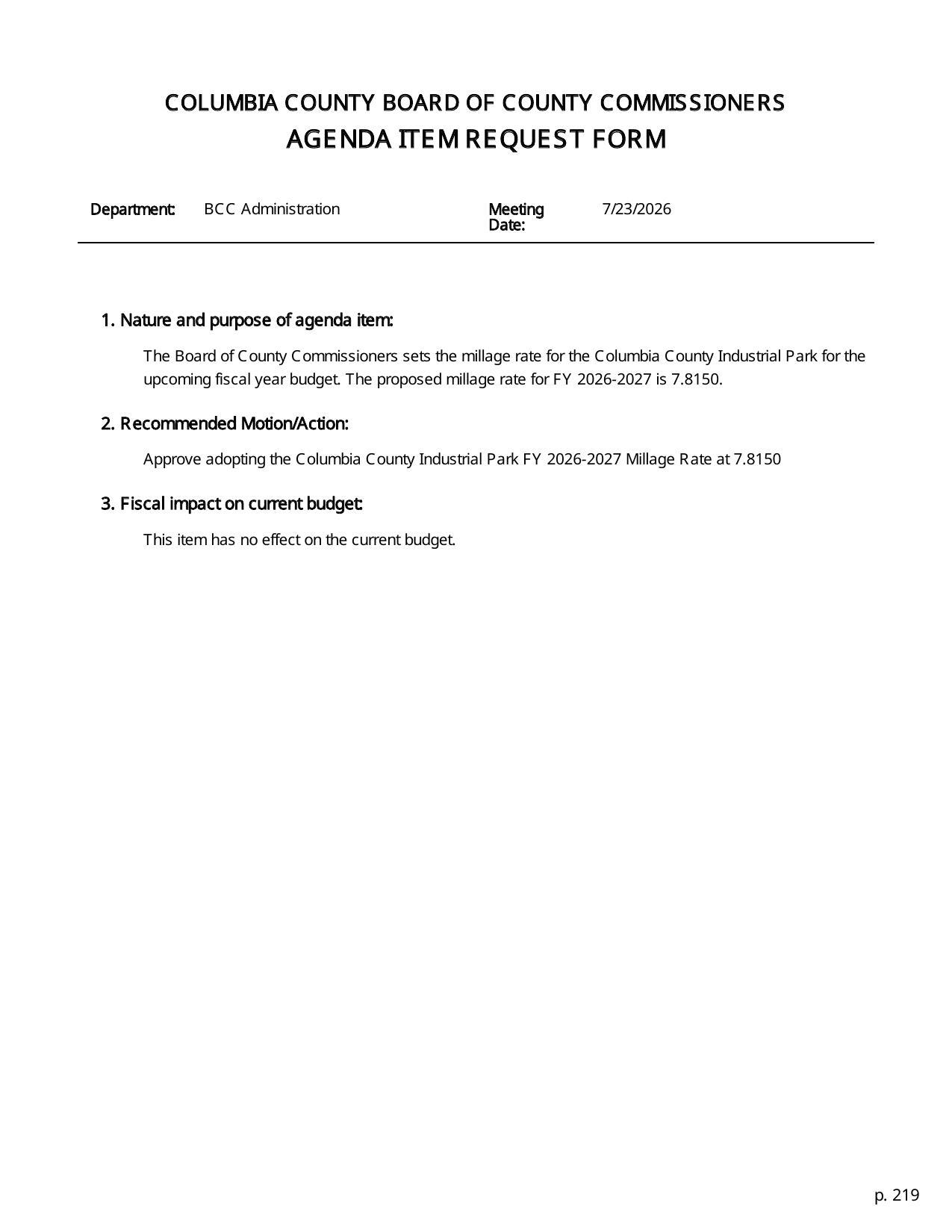 AGENDA ITEM REQUEST FORM: Approve adopting the Columbia County Industrial Park FY 2026-2027 Millage Rate at 7.8150