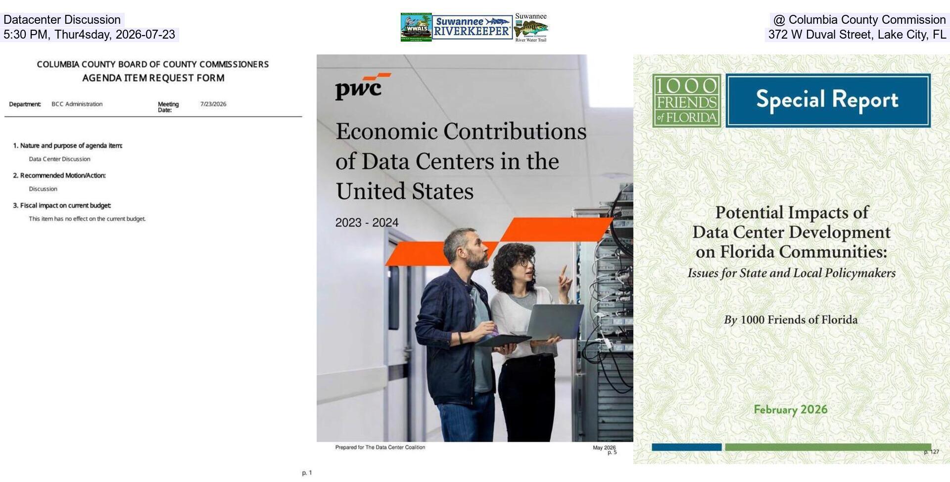 Datacenter Discussion @ Columbia County Commission, 5:30 PM, Thur4sday, 2026-07-23, 372 W Duval Street, Lake City, FL
