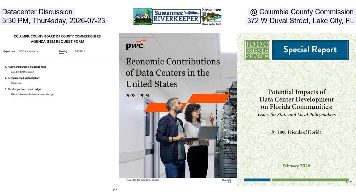 Datacenter Discussion @ Columbia County Commission, 5:30 PM, Thur4sday, 2026-07-23, 372 W Duval Street, Lake City, FL