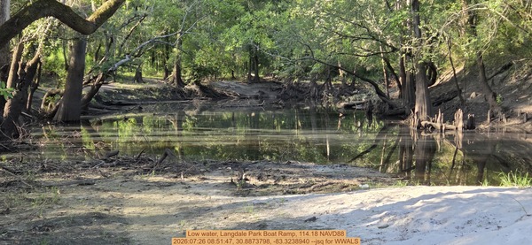 [Low water, Langdale Park Boat Ramp, 114.18 NAVD88, 2026:07:26 08:51:47, 30.8873798, -83.3238940 --jsq for WWALS]
