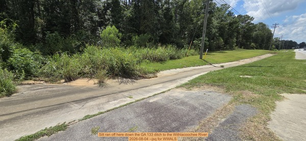 [Silt ran off here down the GA 133 ditch to the Withlacoochee River, 2026-08-04 --jsq for WWALS]